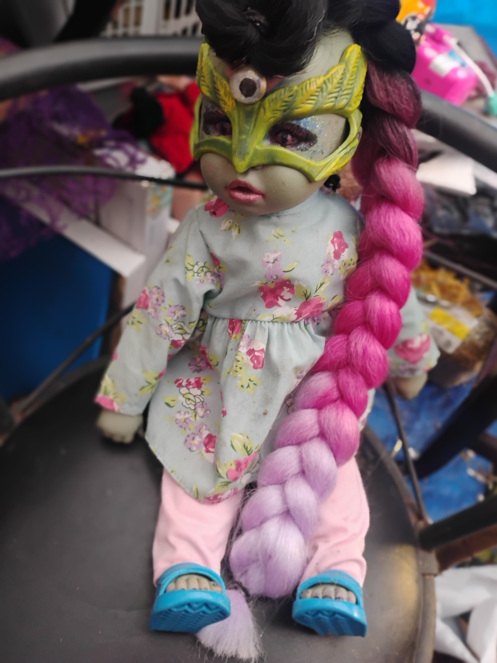 Handmade Doll with Pink Ombre Braid and Mask